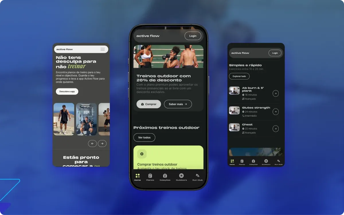 The Active Flow web app on three phone screens: the landing page, outdoor workouts with the Run Club tab, and the workout list